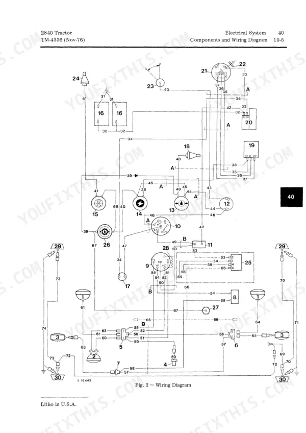 John Deere 2840 electrical system components and wiring diagram showing ignition, lights, and instrument gauges.