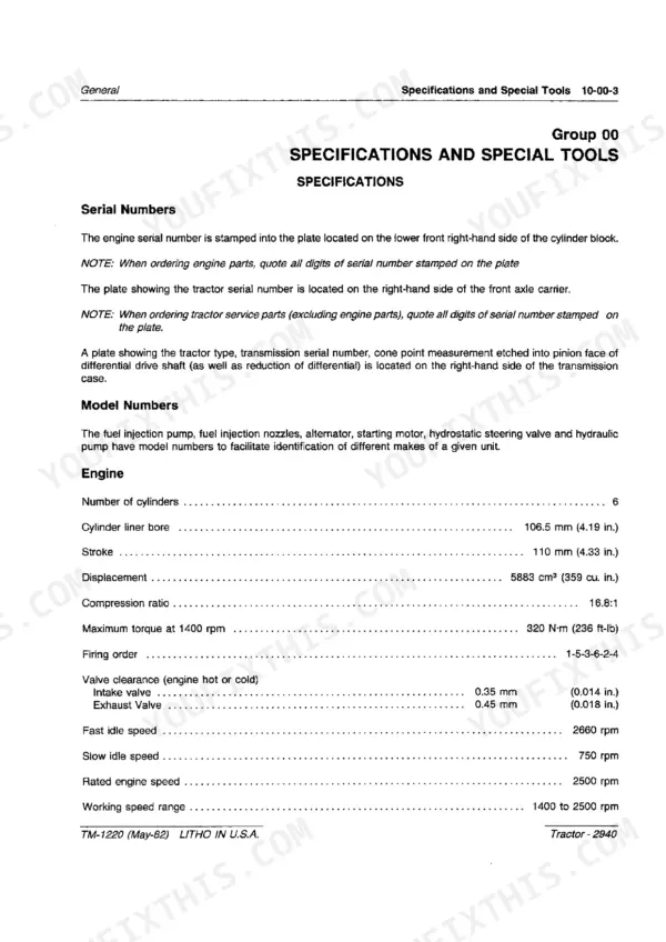 John Deere 2940 technical manual page showing engine specifications, serial number locations, and engine performance data.