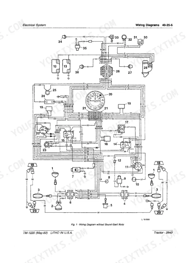 john-deere-2940-tractor-technical-manual-tm-1220-wiring-265.webp John Deere 2940 electrical system wiring diagram for tractor models without Sound-Gard body, showing components and connections.