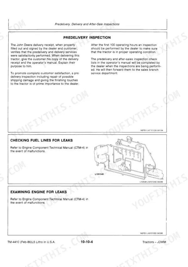 John Deere 3150 predelivery inspection guide and fuel system leak check diagram with fuel line routing illustration.