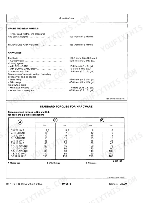 John Deere 3150 specifications table for fluid capacities and standard torque values for hose and pipeline connections.