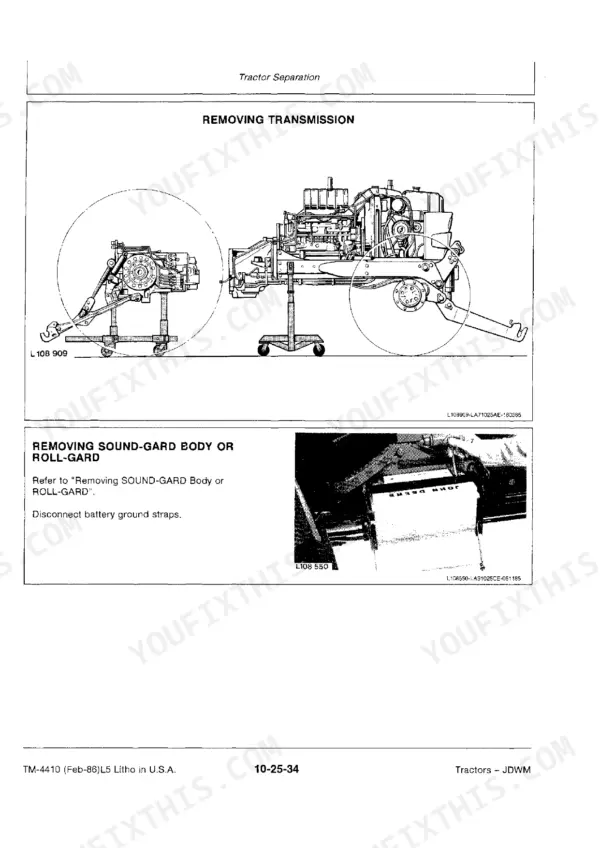 John Deere 3150 tractor separation procedure for removing transmission and Sound-Gard body or Roll-Gard cab components.