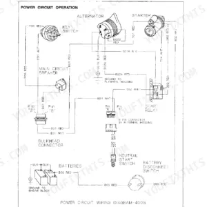 John Deere 400G power circuit wiring diagram showing alternator, starter, key switch, start relay, and battery connections.