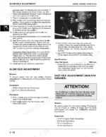 john-deere-4100-compact-utility-tractor-technical-manual-tm1630-procedures-50.webp John Deere 4100 diesel engine slow idle adjustment procedure, throttle linkage diagram, and fast idle adjustment warning.