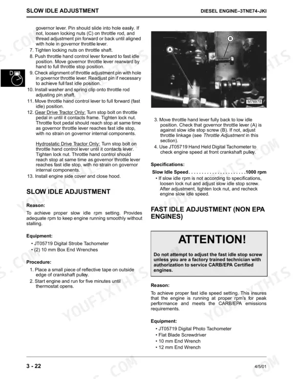 John Deere 4100 diesel engine slow idle adjustment procedure, throttle linkage diagram, and fast idle adjustment warning.