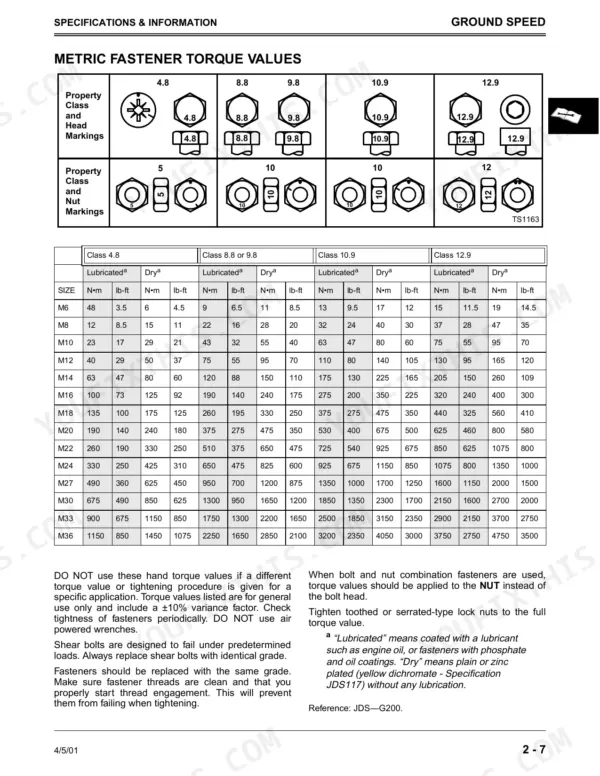 John Deere 4100 metric fastener torque values table showing bolt and nut property classes and tightening specifications.