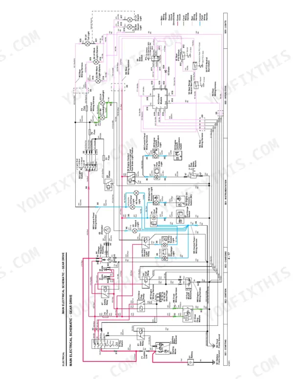 john-deere-4100-compact-utility-tractor-technical-manual-tm1630-wiring-139.webp John Deere 4100 main electrical schematic diagram for gear drive models showing wiring, fuses, relays, and sensors.