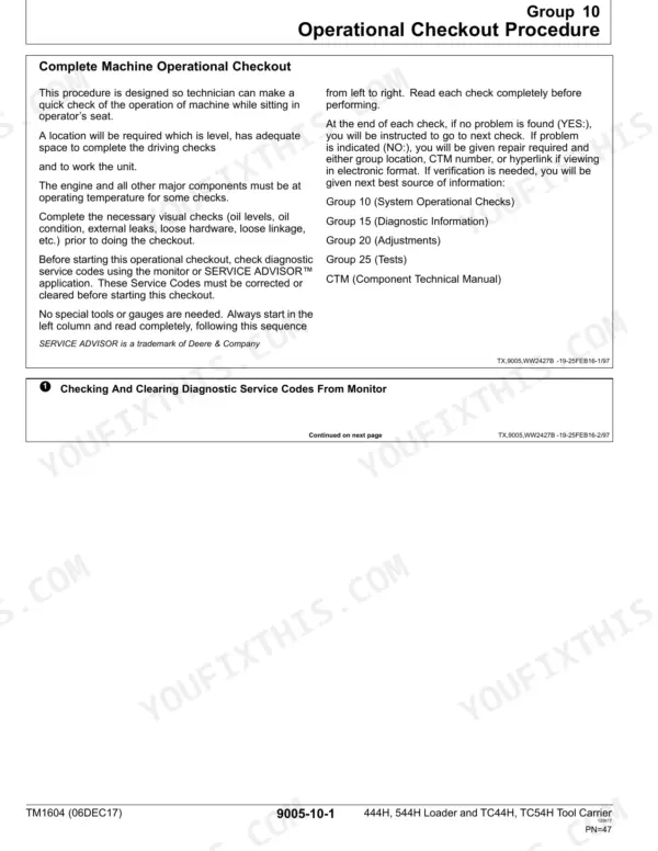 John Deere 444H, 544H, TC44H, TC54H operational checkout procedure instructions and diagnostic service code clearing steps.