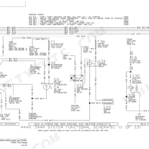 John Deere 444H, 544H, TC44H, TC54H wiring diagram for battery, ignition, alternator, and fuel shutoff circuits.