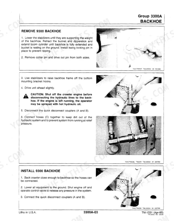 John Deere 550B, 555B crawler dozer 9300 backhoe removal procedure with stabilizer, hose and pin removal photos