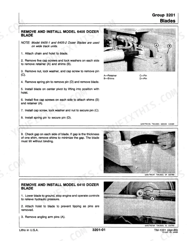 John Deere 550B, 555B crawler dozer 6405 and 6410 dozer blade removal and installation steps with shim check photos