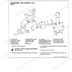 John Deere 550B, 555B crawler dozer Log arch disassembly and assembly with exploded parts drawing and numbered legend