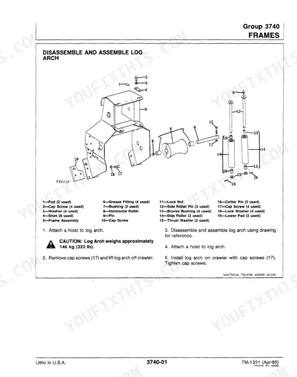 john-deere-550b-555b-crawler-dozer-repair-manual-tm-1331-page-771.webp John Deere 550B, 555B crawler dozer Log arch disassembly and assembly with exploded parts drawing and numbered legend