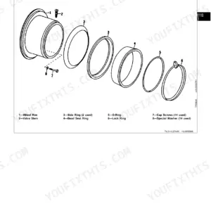 John Deere 762B–862B Scraper exploded view of wheel rim, side rings, bead seat ring, O-ring, lock ring, and tire fasteners.