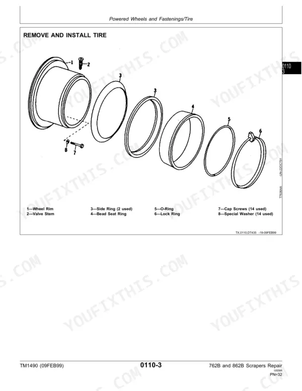 john-deere-762b-862b-scraper-repair-manual-tm1490-exploded-view-32.webp John Deere 762B–862B Scraper exploded view of wheel rim, side rings, bead seat ring, O-ring, lock ring, and tire fasteners.