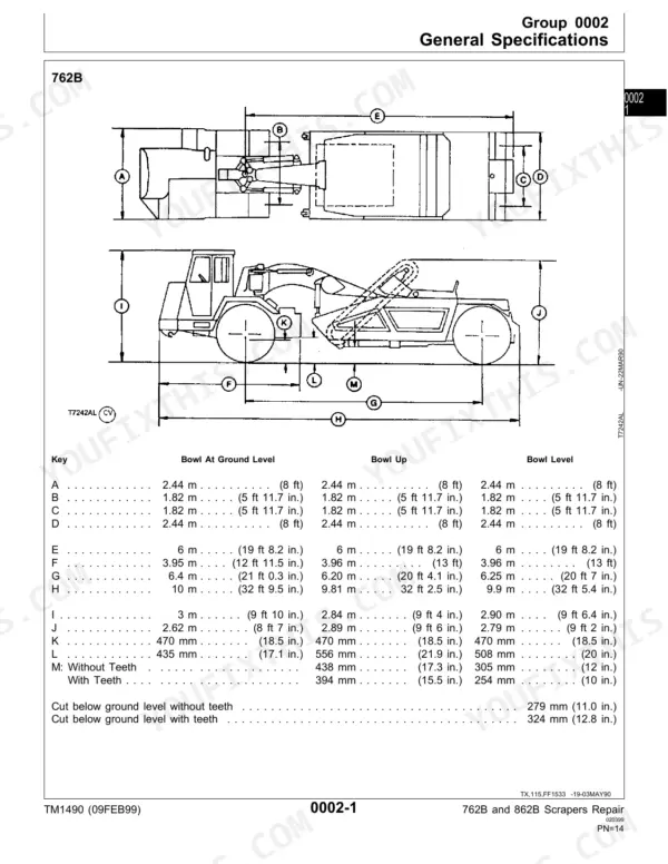 John Deere 762B–862B Scraper general specifications table and dimensional diagrams for bowl height and ground clearance.