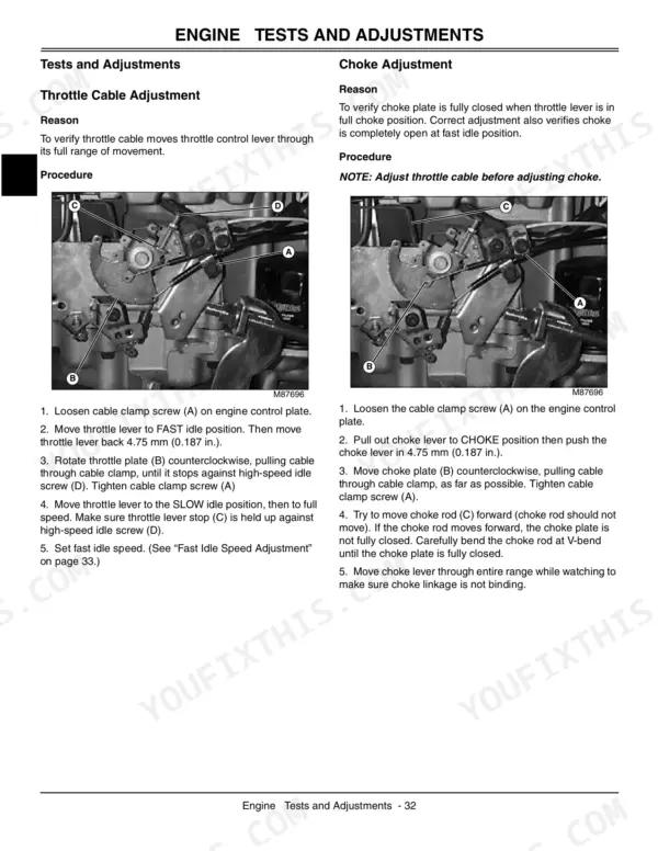 John Deere 7G18 engine throttle cable and choke adjustment procedures with component diagrams and step-by-step instructions.