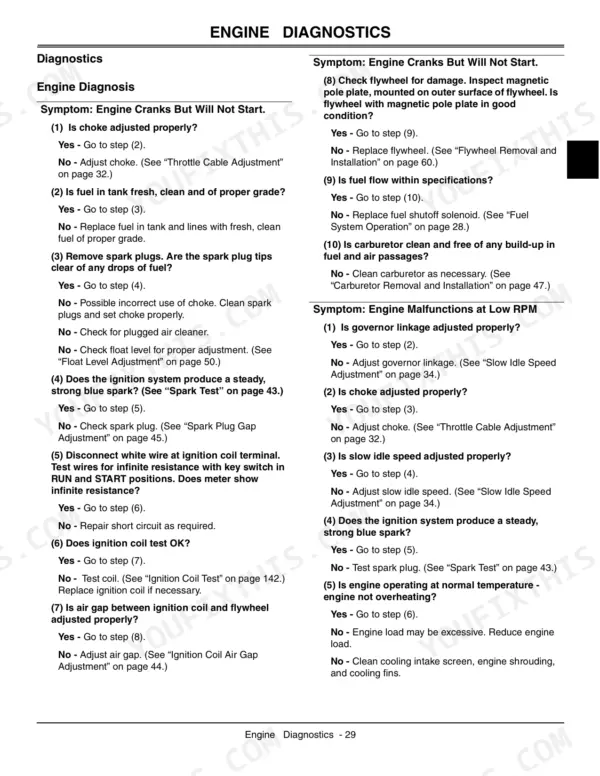 John Deere 7G18 engine diagnostics troubleshooting chart for engine cranks but will not start and malfunctions at low RPM.