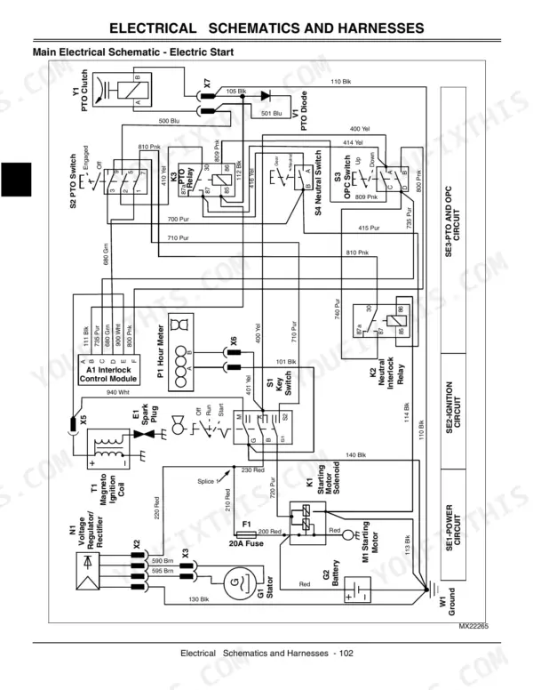 John Deere 7G18 main electrical schematic for electric start system showing PTO, ignition, and starting motor circuits.