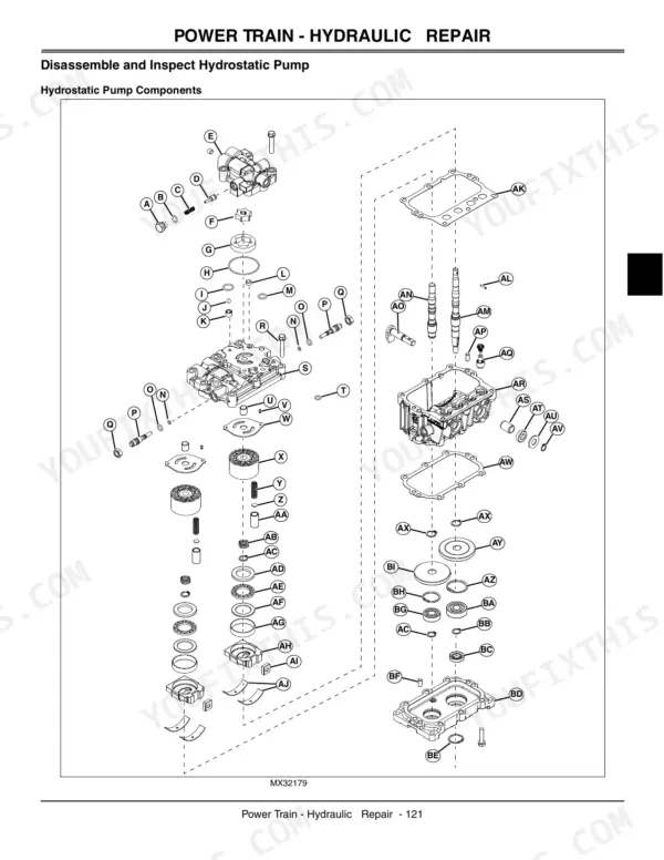 John Deere 7H17, 7H19 exploded view diagram of hydrostatic pump components for power train hydraulic repair.
