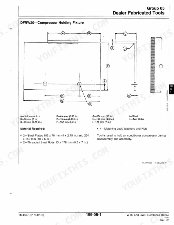 John Deere 9540, 9560, 9580, 9640, 9660, 9680 WTS/CWS combine dealer fabricated compressor holding fixture drawing with dimensions