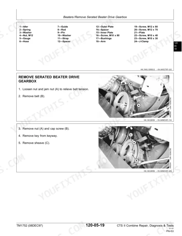 John Deere CTS II procedure for removing the serated beater drive gearbox, including belt and sheave removal steps.