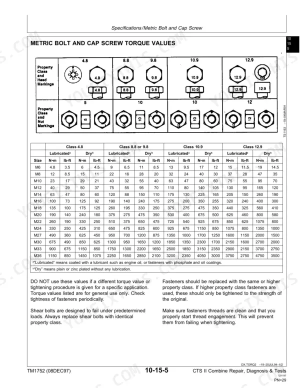 John Deere CTS II metric bolt and cap screw torque values table for property classes 4.8, 8.8, 9.8, 10.9, and 12.9.