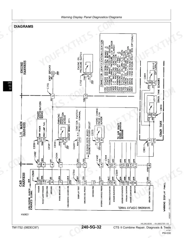 john-deere-cts-ii-combine-technical-manual-tm1752-wiring-332.webp John Deere CTS II wiring diagram for warning display panel, showing harness connectors, sensors, and power distribution.