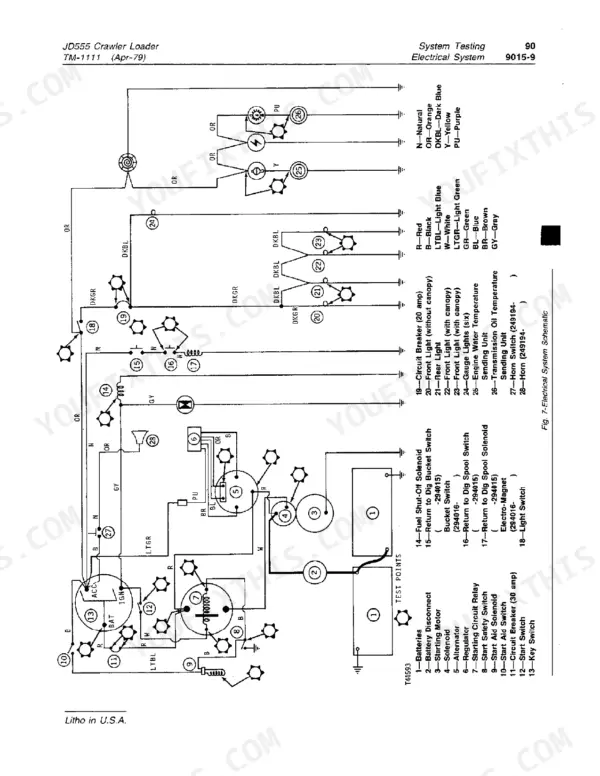 John Deere JD555 crawler loader electrical system schematic diagram with component index and wiring color codes.