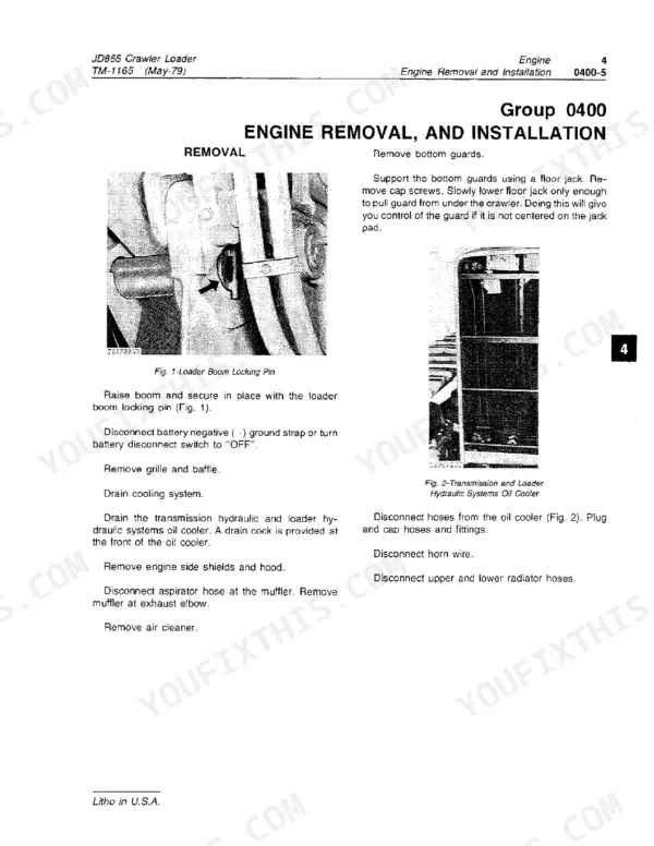John Deere JD855 crawler loader engine removal procedure with boom locking pin figure