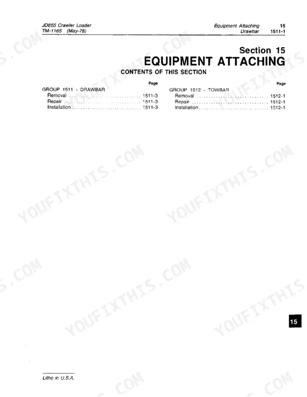 John Deere JD855 crawler loader equipment attaching section contents for drawbar and towbar