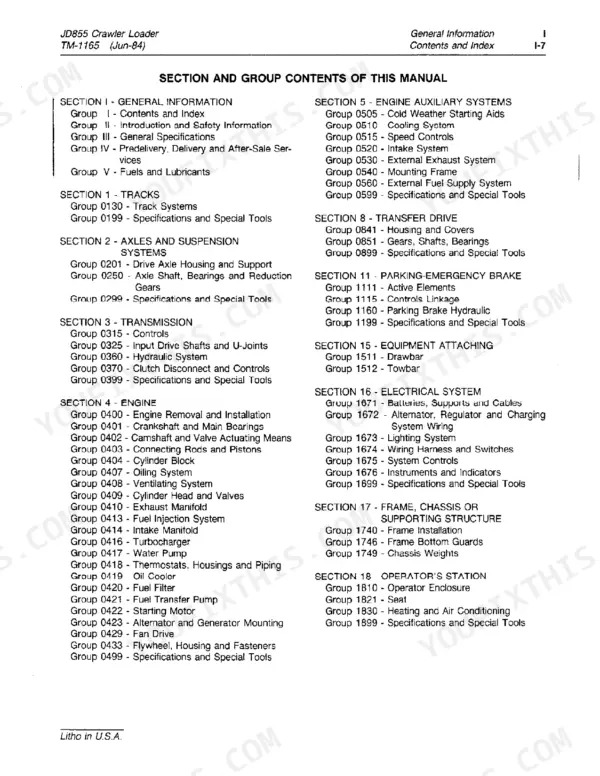 John Deere JD855 crawler loader section and group contents of the technical manual