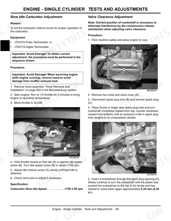 John Deere X110, X120, X140 single cylinder engine carburetor idle adjustment and valve clearance adjustment procedures.