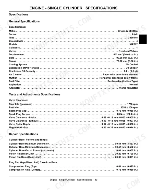 John Deere X110, X120, X140 single cylinder engine specifications, test, adjustment, and repair data table.