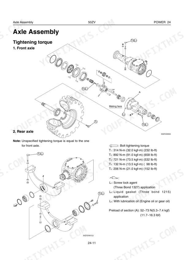 Kawasaki 50ZV exploded view of front and rear axle assembly with tightening torque specifications and sealant application guide.