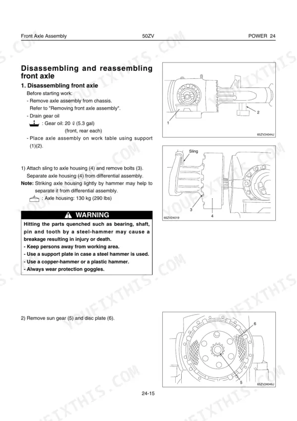 Kawasaki 50ZV front axle assembly disassembly and reassembly procedure with diagrams of axle housing, differential, and sun gear.