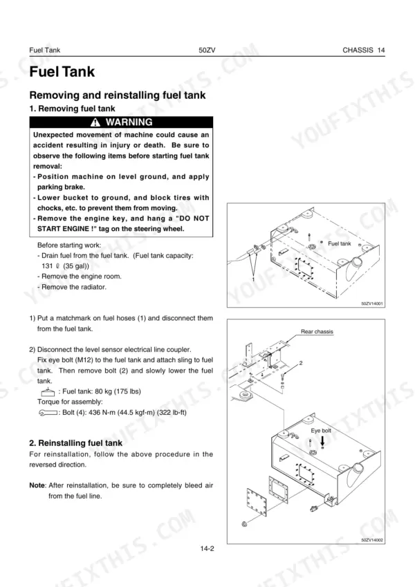 Kawasaki 50ZV fuel tank removal and installation procedure with exploded view diagrams and torque specifications.