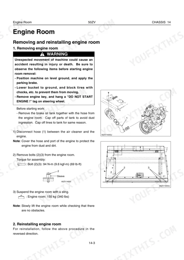 Kawasaki 50ZV engine room removal and installation procedure with torque specifications and component diagrams.