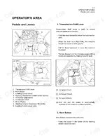 kawasaki-65zv-wheel-loader-operator-manual-93107-00233-controls-34.webp Kawasaki 65ZV operator manual page showing diagrams and descriptions for transmission shift lever, pedals, and horn button controls.