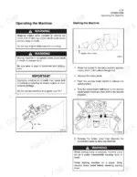 kawasaki-65zv-wheel-loader-operator-manual-93107-00233-operations-90.webp Kawasaki 65ZV operator manual page showing machine starting procedures, safety warnings, and bucket positioning diagrams.