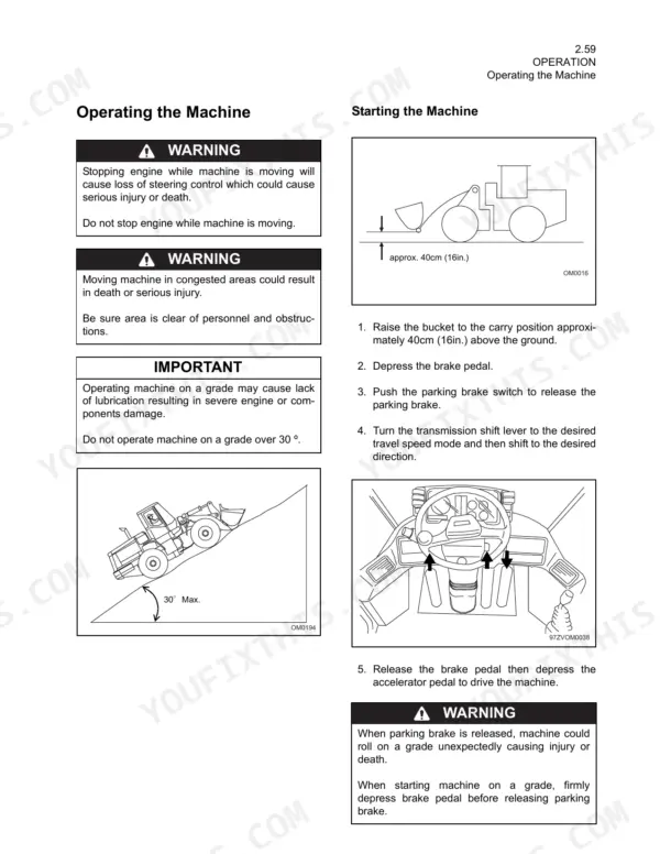 Kawasaki 65ZV operator manual page showing machine starting procedures, safety warnings, and bucket positioning diagrams.