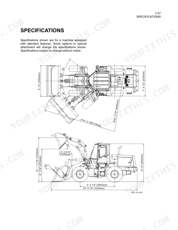 Kawasaki 65ZV wheel loader dimensional specifications diagram showing top and side view measurements in imperial and metric units.