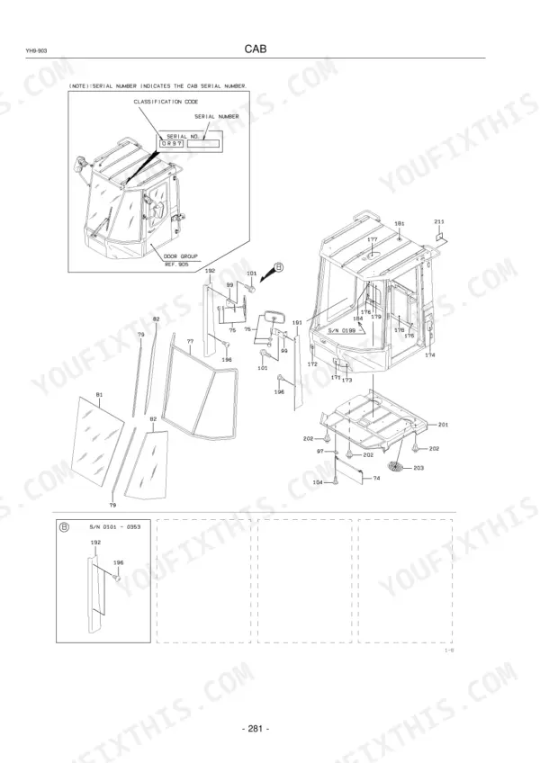Kawasaki 70Z V cab exploded view diagram showing glass, panels, and mounting hardware components with reference numbers.