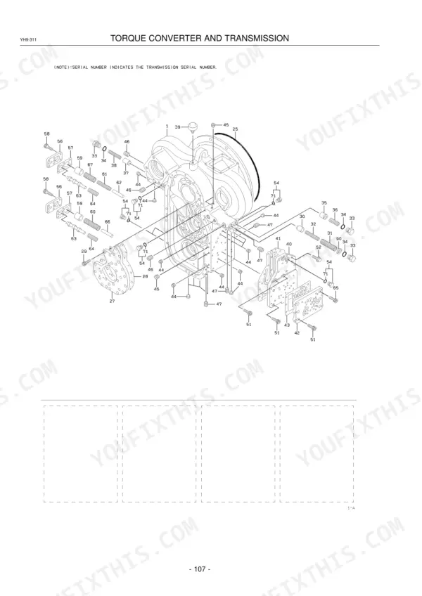 Kawasaki 70Z V torque converter and transmission exploded view diagram showing housing, valves, springs, and fasteners.