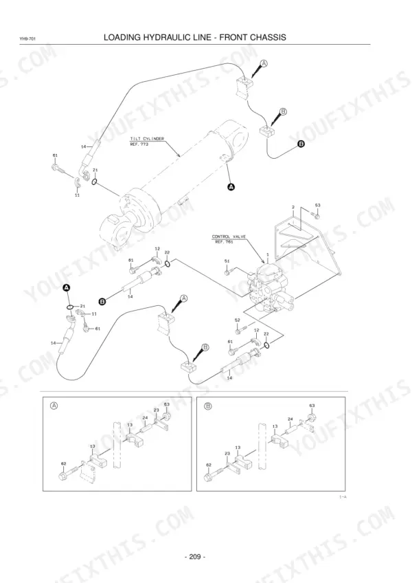 kawasaki-70z-v-wheel-loader-parts-catalog-93308-00144-hydraulic-parts-260.webp Kawasaki 70Z V exploded view of front chassis loading hydraulic lines, tilt cylinder, and control valve components.