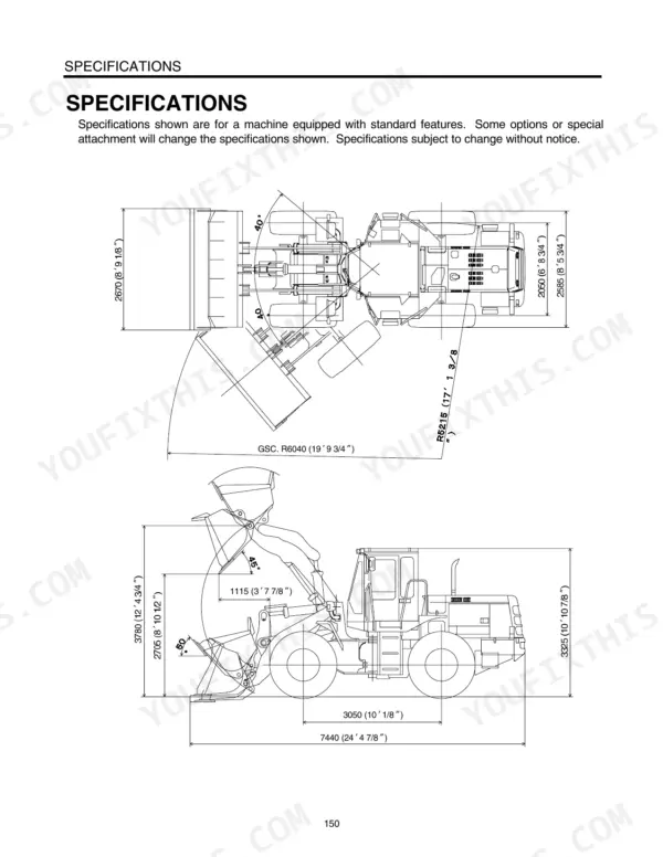 Kawasaki 70ZIV wheel loader dimensional specifications diagram showing top and side view measurements and turning radius.