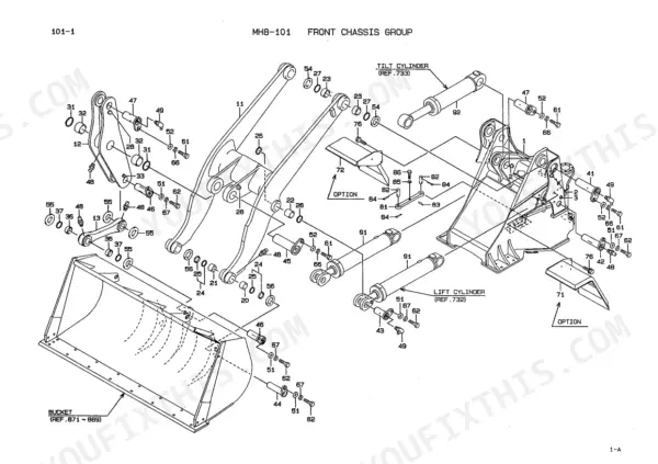 Kawasaki 70ZIV exploded view of front chassis group, showing lift cylinders, tilt cylinder, bucket linkage, and pins.