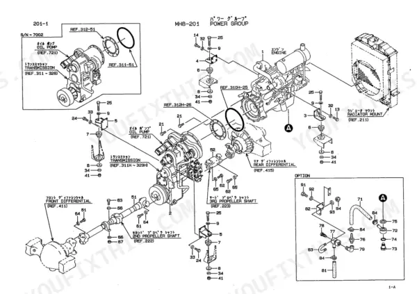 Kawasaki 70ZIV power group exploded view showing engine, transmission, propeller shafts, and differential mounting components.