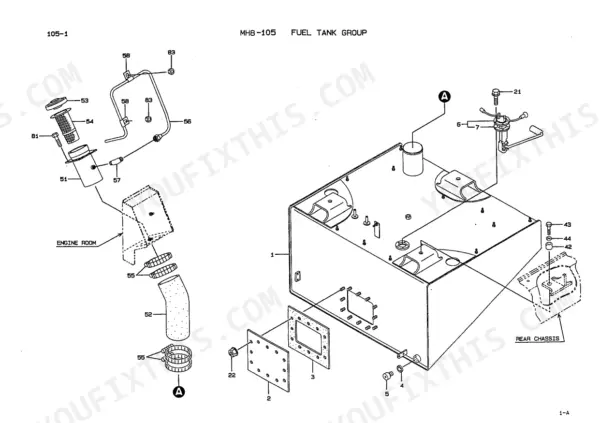 kawasaki-70ziv-wheel-loader-parts-catalog-aaap17311-0-engine-parts-17.webp Kawasaki 70ZIV exploded view of fuel tank group showing tank, filler neck, hoses, and mounting hardware components.