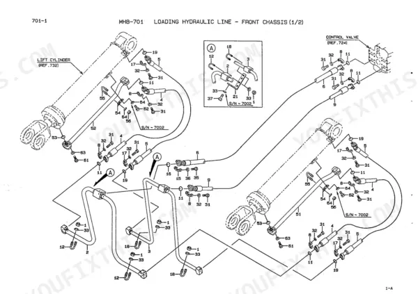 Kawasaki 70ZIV exploded view of loading hydraulic lines and lift cylinder components for front chassis.